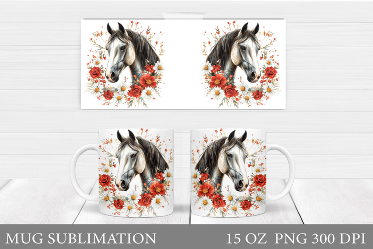 Horse Mug Wrap Sublimation. Horse Flowers Mug Wrap Design
