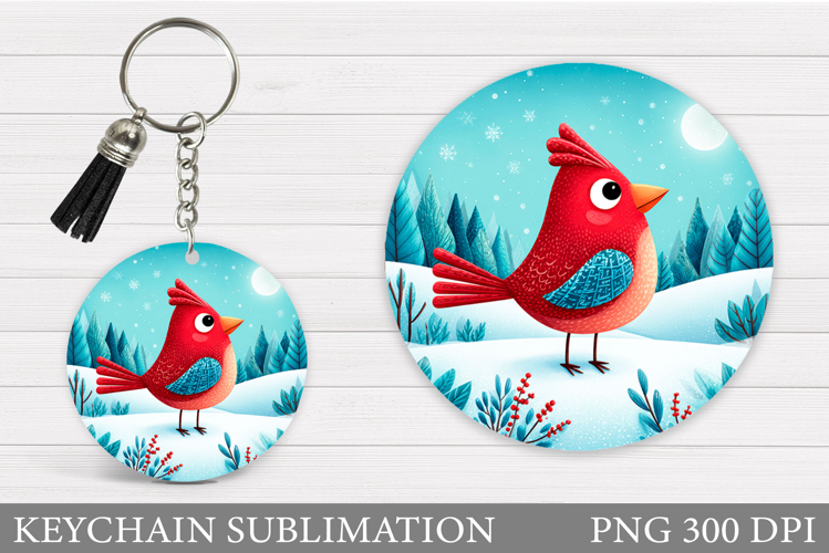 Cardinal Keychain Sublimation. Winter Bird Round Keychain
