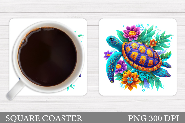 Turtle Coaster Sublimation. Turtle Flowers Coaster Design