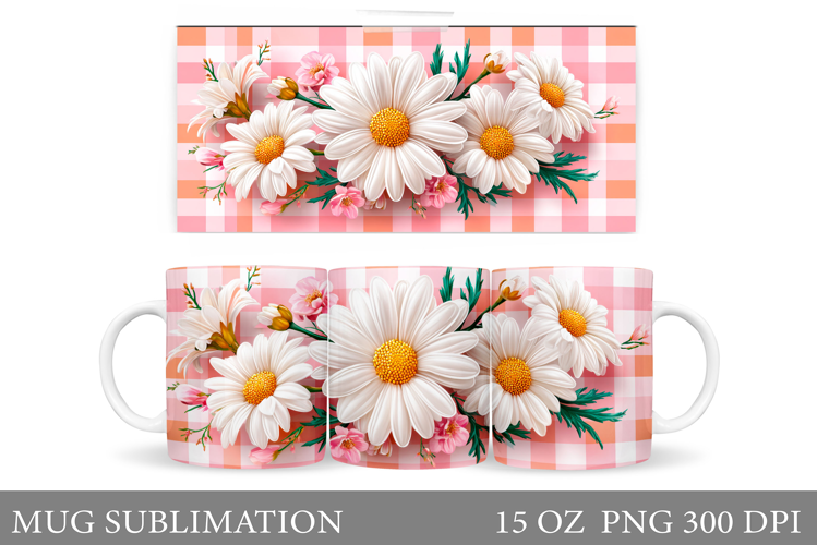 Daisy Flowers Mug Sublimation. Floral Mug Wrap Design