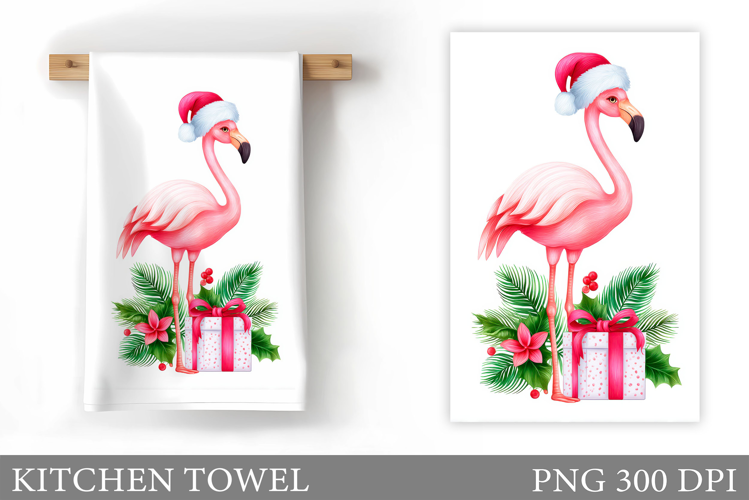 Christmas Flamingo Kitchen Towel. Christmas Kitchen Towel