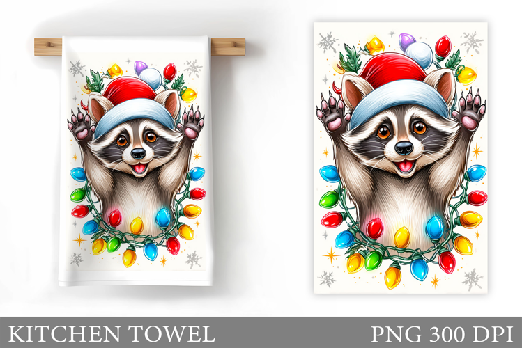Christmas Raccoon Kitchen Towel. Christmas Kitchen Towel