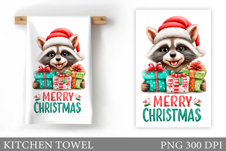 Christmas Raccoon Kitchen Towel. Christmas Kitchen Towel