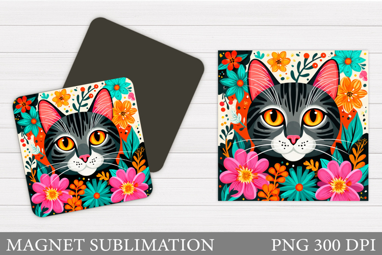 Cat Flowers Magnet Sublimation. Cute Cat Magnet Design example image 1