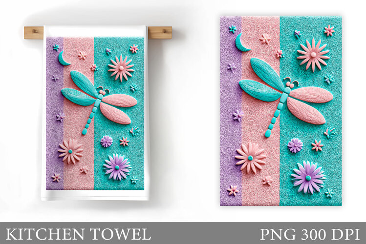 Dragonfly Kitchen Towel. Flowers Kitchen Towel Sublimation example image 1
