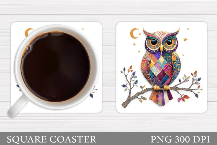 Patchwork Owl Coaster Design. Cute Owl Sublimation