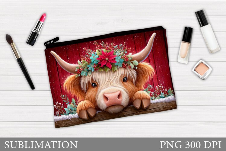 Christmas Cow Cosmetics Bag. Cow Makeup Bag Sublimation example image 1
