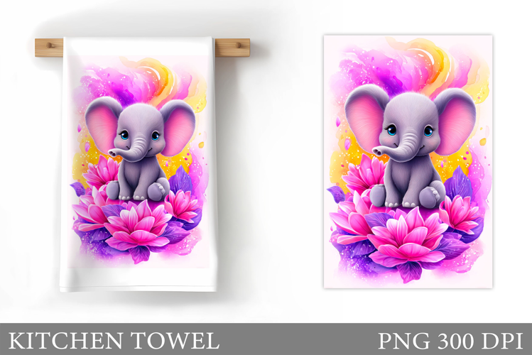 Elephant Kitchen Towel. Elephant Flowers Kitchen Towel