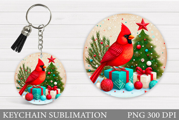 Cardinal Keychain Sublimation. Winter Bird Round Keychain example image 1