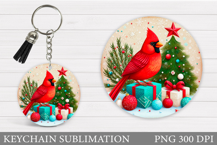 Cardinal Keychain Sublimation. Winter Bird Round Keychain