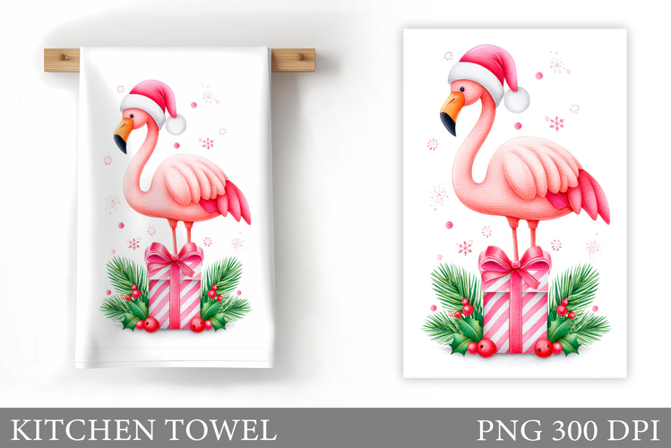 Christmas Flamingo Kitchen Towel. Christmas Kitchen Towel