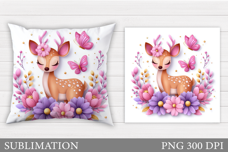 Cute Deer Pillow Sublimation. Deer Flowers Sublimation