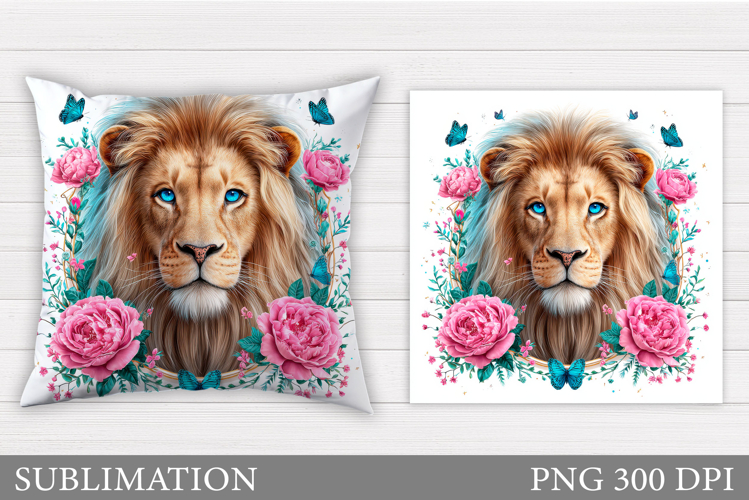 Lion Pillow Sublimation. Lion Flowers Pillow Design