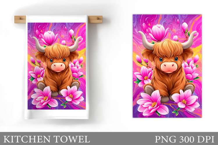 HighlandCow Kitchen Towel. Cow Flowers Kitchen Towel Design