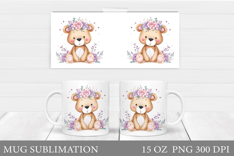 Cute Bear Mug Design. Bear Flowers Mug Sublimation