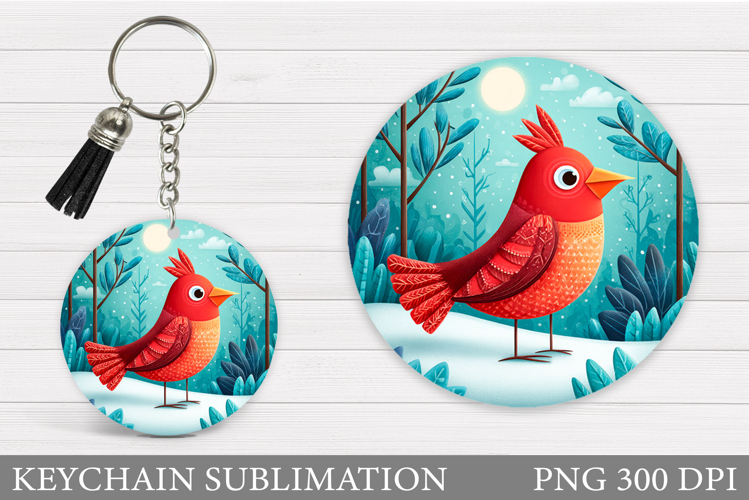 Cardinal Keychain Sublimation. Winter Bird Round Keychain