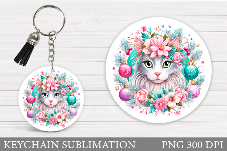 Christmas Cat Keychain. Christmas Keychain Sublimation
