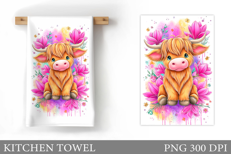 HighlandCow Kitchen Towel. Cow Flowers Kitchen Towel Design