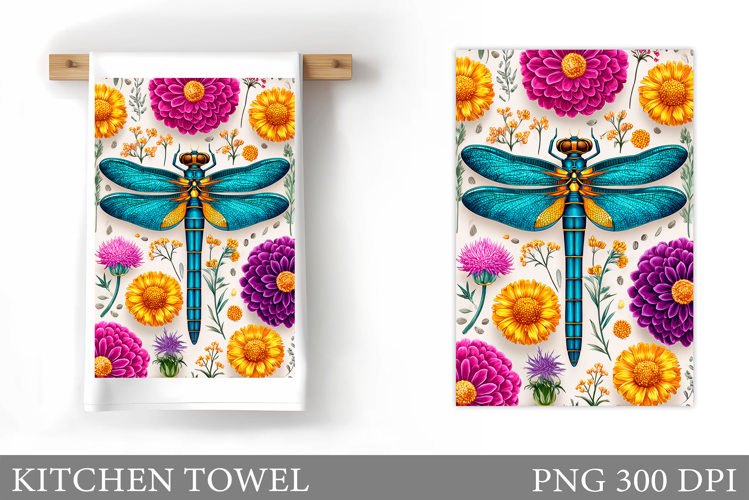 Dragonfly Kitchen Towel. Flowers Kitchen Towel Design