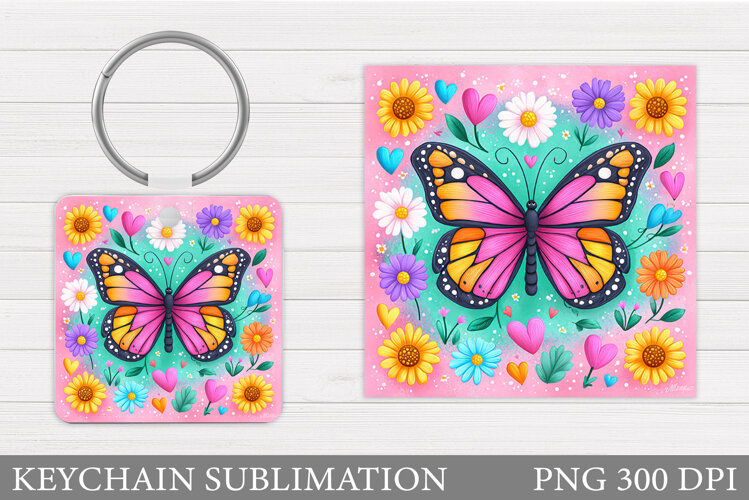 Butterfly Keychain Sublimation. Butterfly Flowers Keychain example image 1