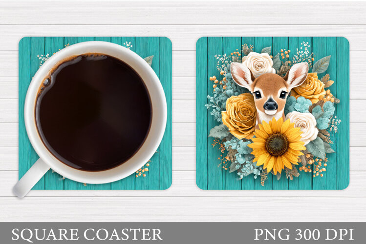 Cute Deer Coaster Sublimation. Deer Flowers Coaster Design example image 1