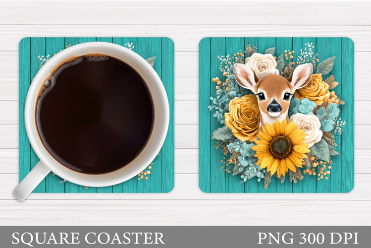Cute Deer Coaster Sublimation. Deer Flowers Coaster Design