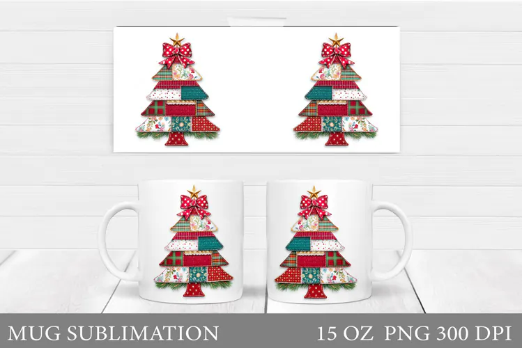 Patchwork Christmas Tree Mug. Christmas Mug Sublimation