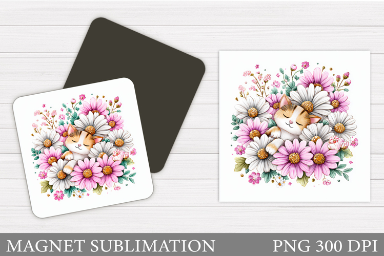 Cat Flowers Magnet Sublimation. Cute Cat Magnet Design