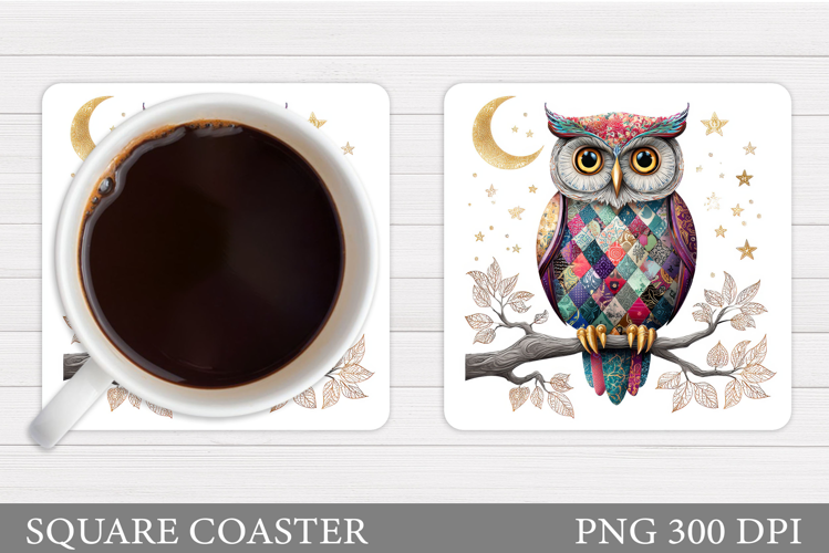 Patchwork Owl Coaster Design. Cute Owl Sublimation