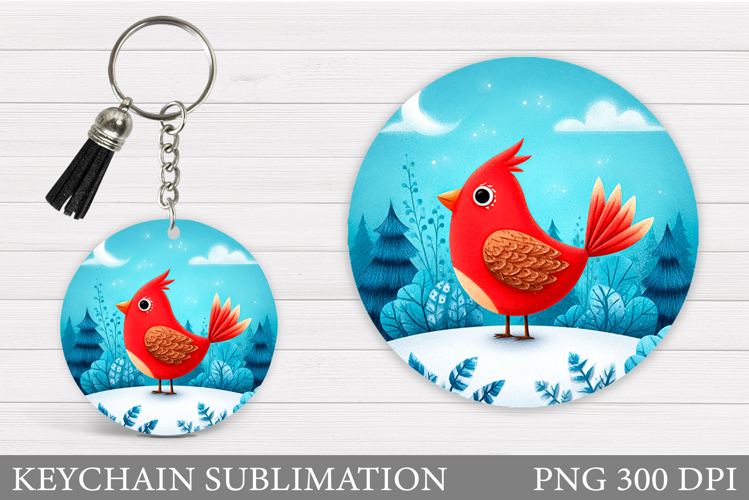 Cardinal Keychain Sublimation. Winter Bird Round Keychain