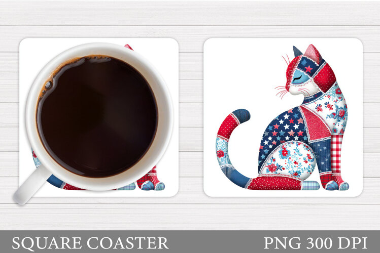 Patchwork Cat Coaster Design. Cute Cat Sublimation example image 1