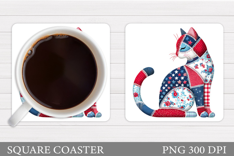 Patchwork Cat Coaster Design. Cute Cat Sublimation