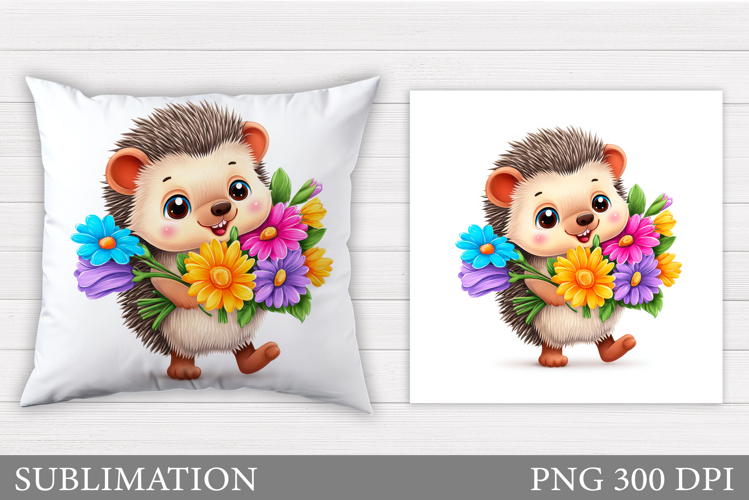 Cute Hedgehog Pillow Design. Hedgehog Flowers Sublimation