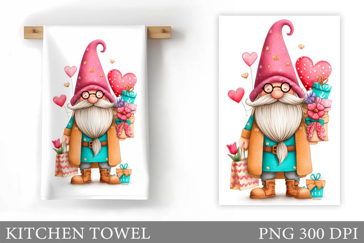 Valentine Gnome Kitchen Towel. Valentines Kitchen Towel