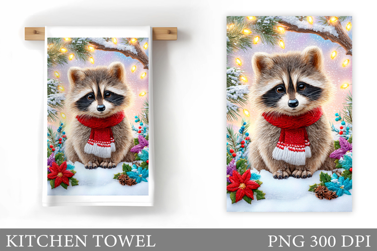 Christmas Raccoon Kitchen Towel. Christmas Kitchen Towel