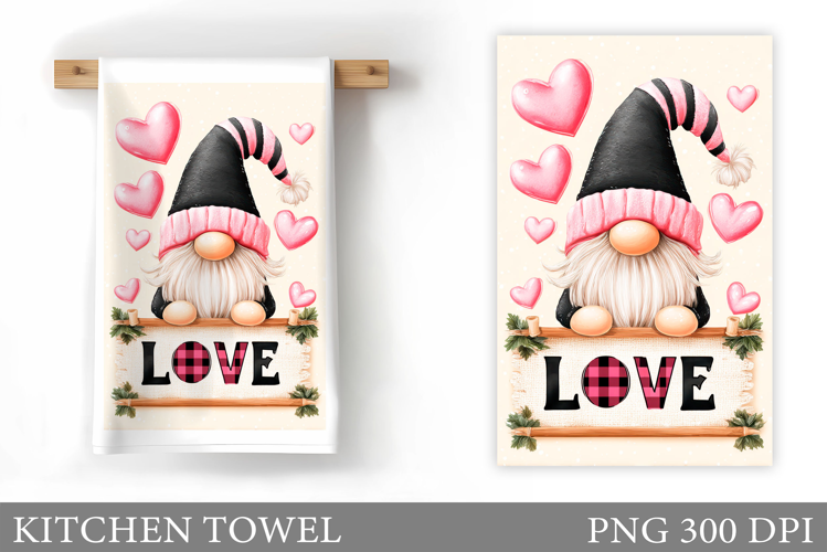 Valentine Gnome Kitchen Towel. Valentines Kitchen Towel