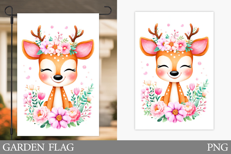 Cute Deer Garden Flag Design. Deer Flowers Garden Flag