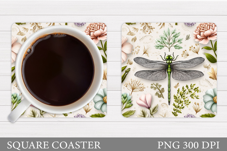 Dragonfly Coaster Design. Flowers Coaster Sublimation