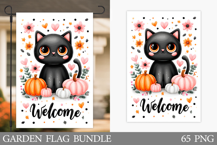 Black Cat Garden Flag. Cute Halloween Garden Flag Design example image 1