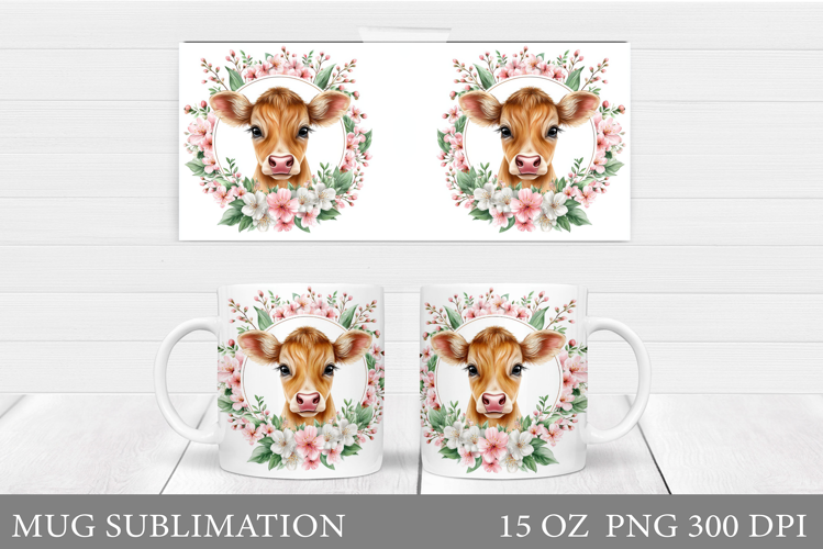 Cute Cow Mug Sublimation. Cow Flowers Mug Wrap Design