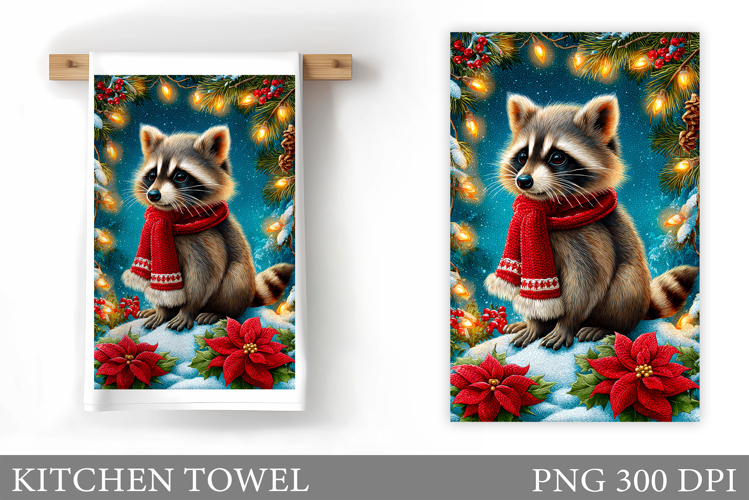 Christmas Raccoon Kitchen Towel. Christmas Kitchen Towel