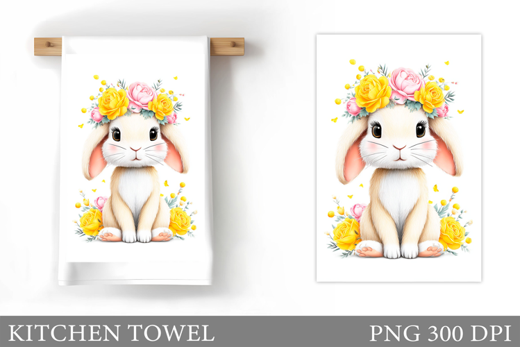 Cute Bunny Kitchen Towel. Bunny Flowers Kitchen Towel Design