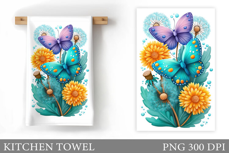 Butterflies Kitchen Towel. Flowers Kitchen Towel Design example image 1