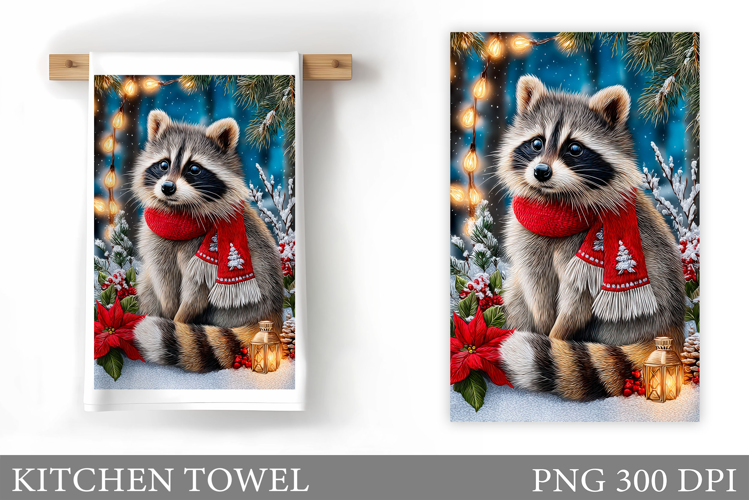 Christmas Raccoon Kitchen Towel. Christmas Kitchen Towel