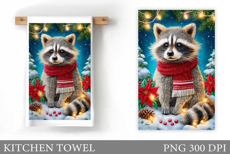 Christmas Raccoon Kitchen Towel. Christmas Kitchen Towel
