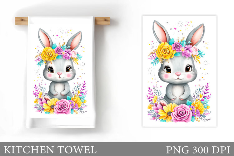 Cute Bunny Kitchen Towel. Bunny Flowers Kitchen Towel Design example image 1