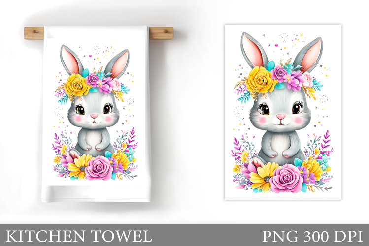 Cute Bunny Kitchen Towel. Bunny Flowers Kitchen Towel Design