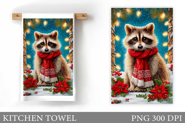 Christmas Raccoon Kitchen Towel. Christmas Kitchen Towel