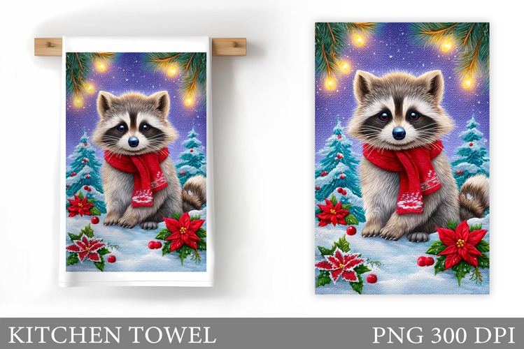 Christmas Raccoon Kitchen Towel. Christmas Kitchen Towel