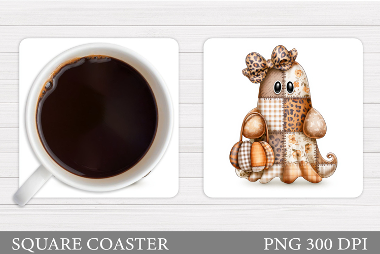 Patchwork Ghost Coaster Design. Cute Halloween Sublimation
